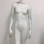 Women Grid Rhinestone Fishnet Dress Sexy Bikini Cover Up Fishnet Beach Dress Bella Mia