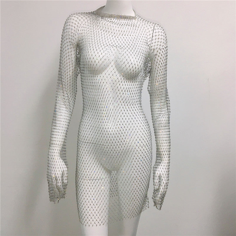 Women Grid Rhinestone Fishnet Dress Sexy Bikini Cover Up Fishnet Beach Dress Bella Mia
