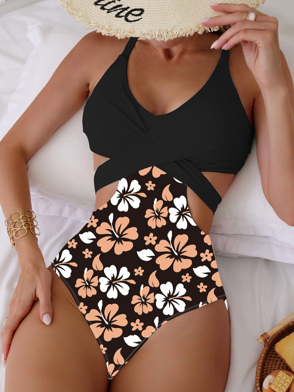 Bikini Printing Hollow Out Cutout Out Tied Sexy Siamese Bikini Swimsuit Swimwear Women Bella Mia