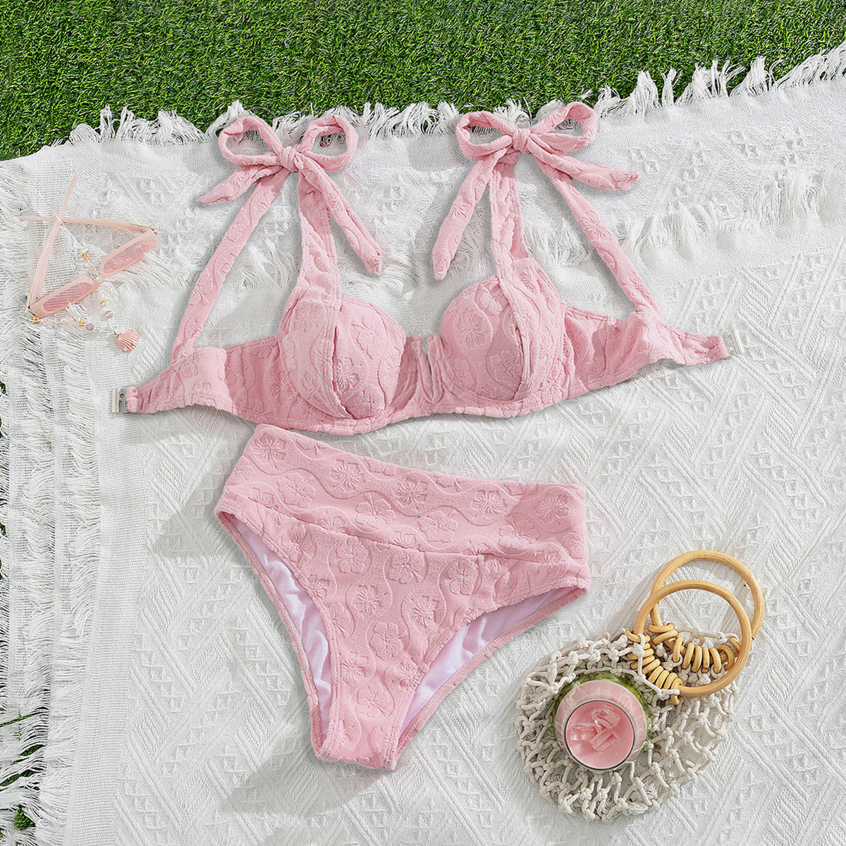 Swimwear Sexy Bikini Solid Color High Waist Thickened Bow Swimsuit Bella Mia