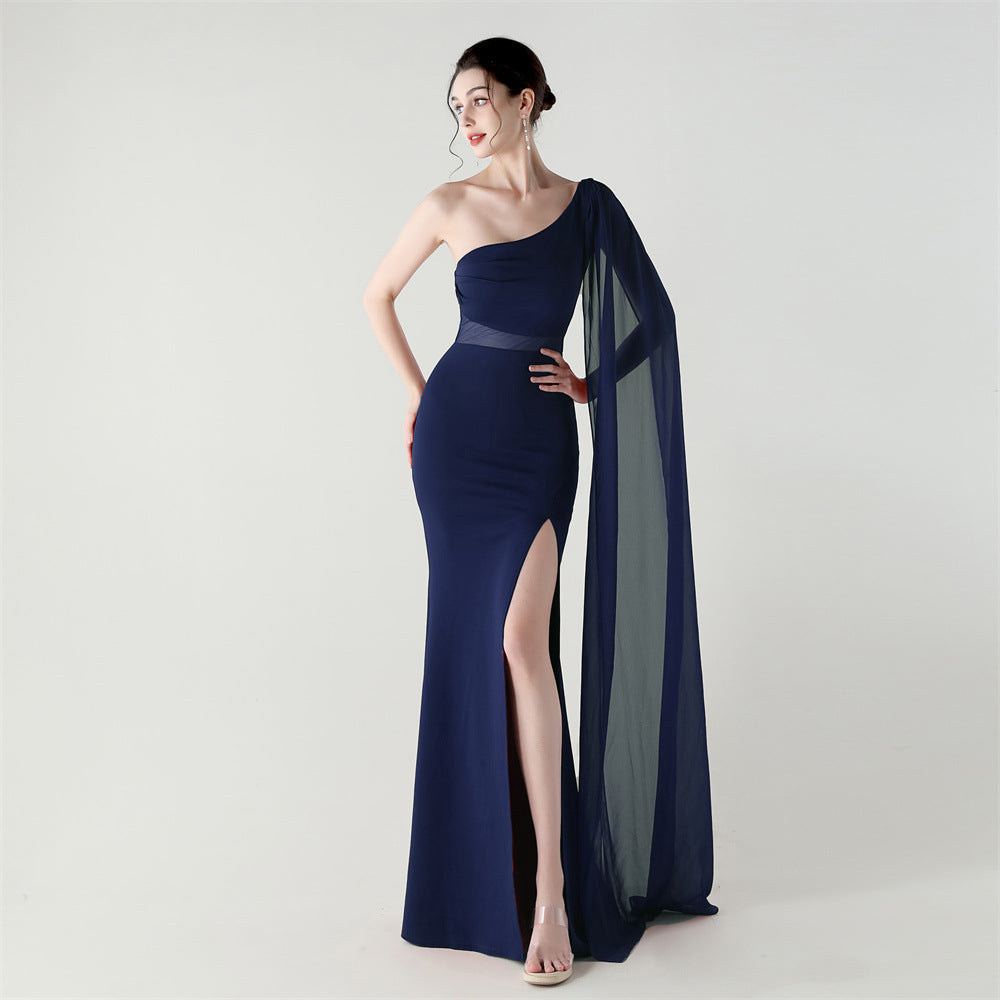 Single Shoulder Crossbody Stitching Mesh Design Satin Slim Cocktail Dress Evening Dress Bella Mia