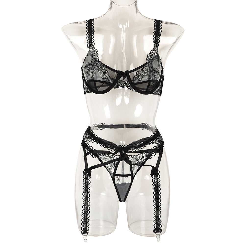 Sexy Three Piece Set Spring Embroidery Mesh Stitching Cute Lace Shoulder Strap Waist Seal Underwear Bella Mia
