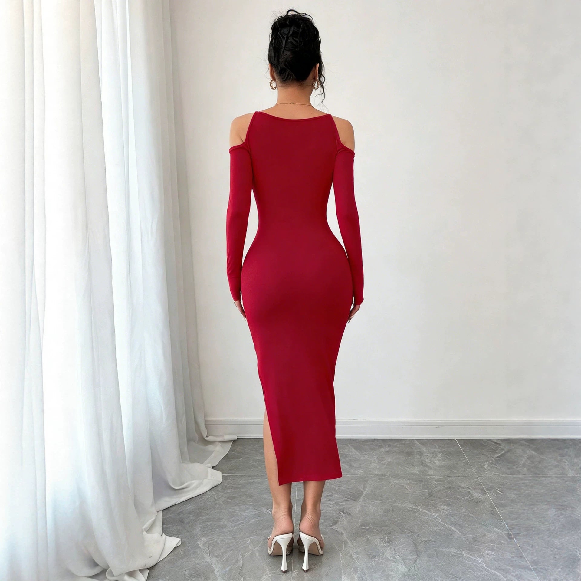 Cross Border Off Shoulder Dress Slimming Slit Bodycon Long Sleeve Formal Mid Length Dress For Banquets