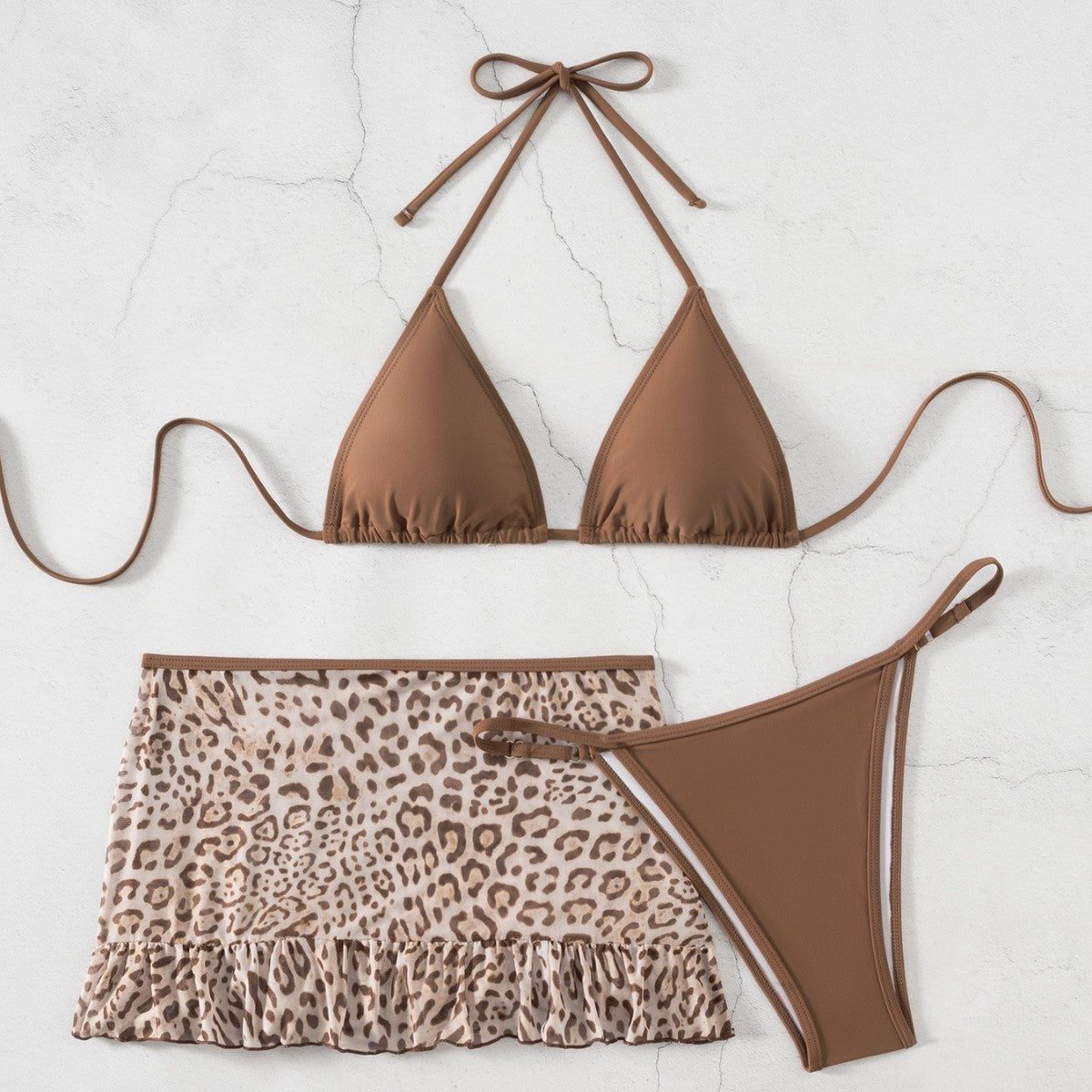 Red Wind Sexy Leopard Print Swimsuit Women Small Chest Banded Bikini Split Three Piece Set Vacation Swimwear