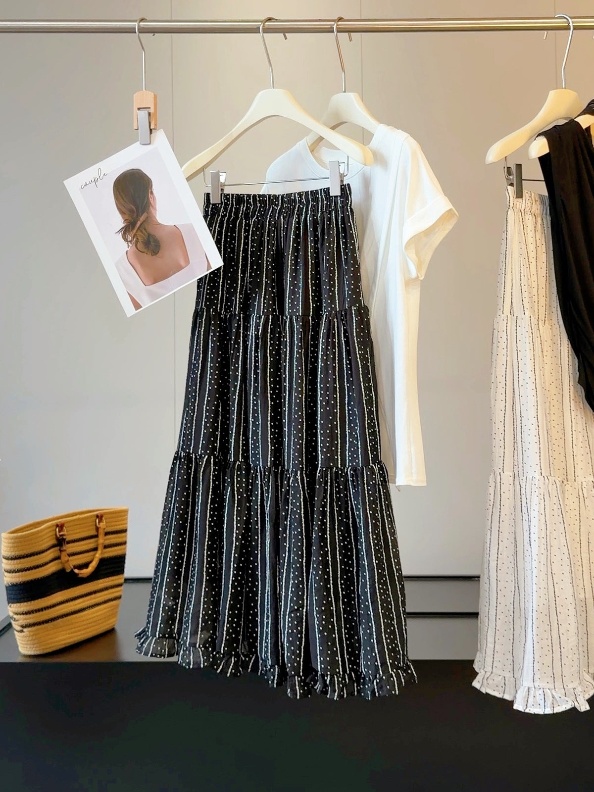 Striped Polka Dot Pleated Tiered Skirt Women Summer Wooden Ear A line Drape Big Hem Umbrella Skirt
