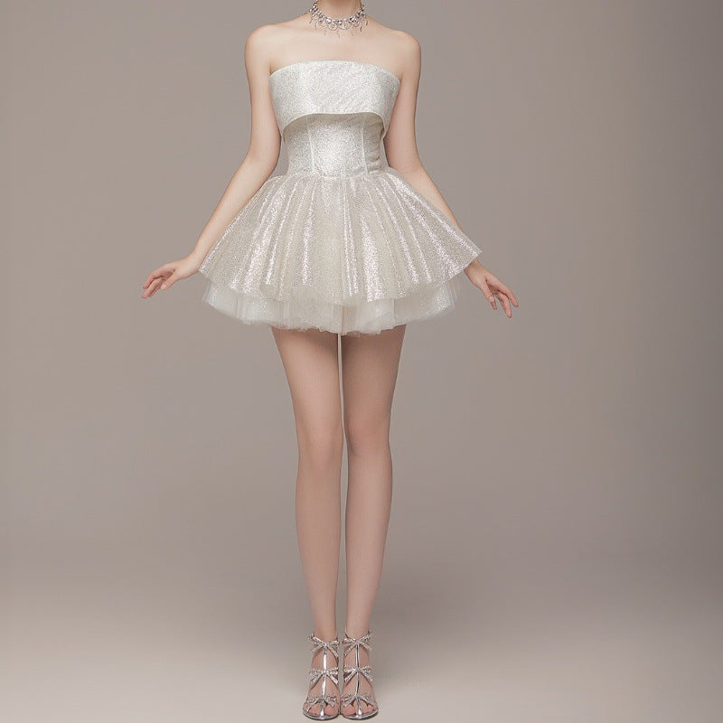 Women Clothing Spring Sexy Elegant Lady off Shoulder Tube Top Short Type Dress Women Bella Mia