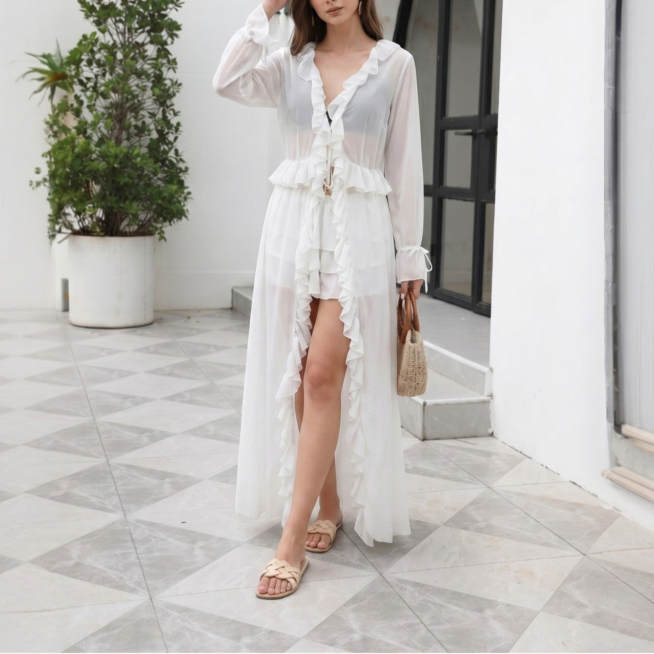Solid Color Sexy See through Lace up Beach Cover up Bikini Swimsuit Cardigan Women