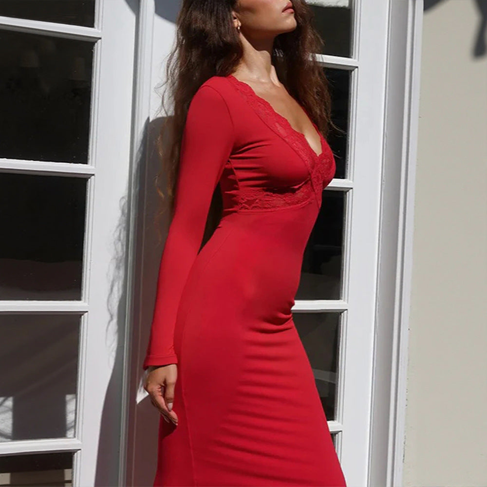 Red V neck Lace Stitching Long Sleeved Slim Fit Sheath Fishtail Dress Elegant Sexy Dress Bella Mia