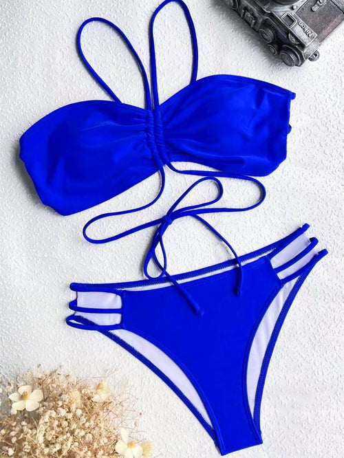 Bikini Double Bikini Solid Color Swimsuit Sexy Swimwear Women Backless Swimsuit Strap Bikini Bella Mia