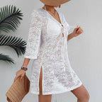 Women Sexy V neck Knitted Loose Beach Sun Protection Seaside Holiday Casual Blouse Dress Bella Mia
