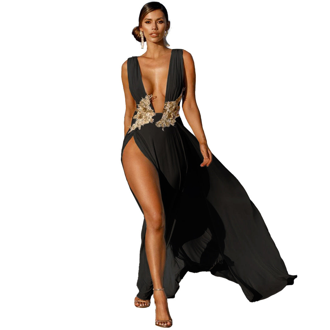 New Ladies Maxi Dress Sexy Fashion Wedding Evening Dress Deep V Plunge Plunge High Slit Part Large Swing Mop Dress Bella Mia
