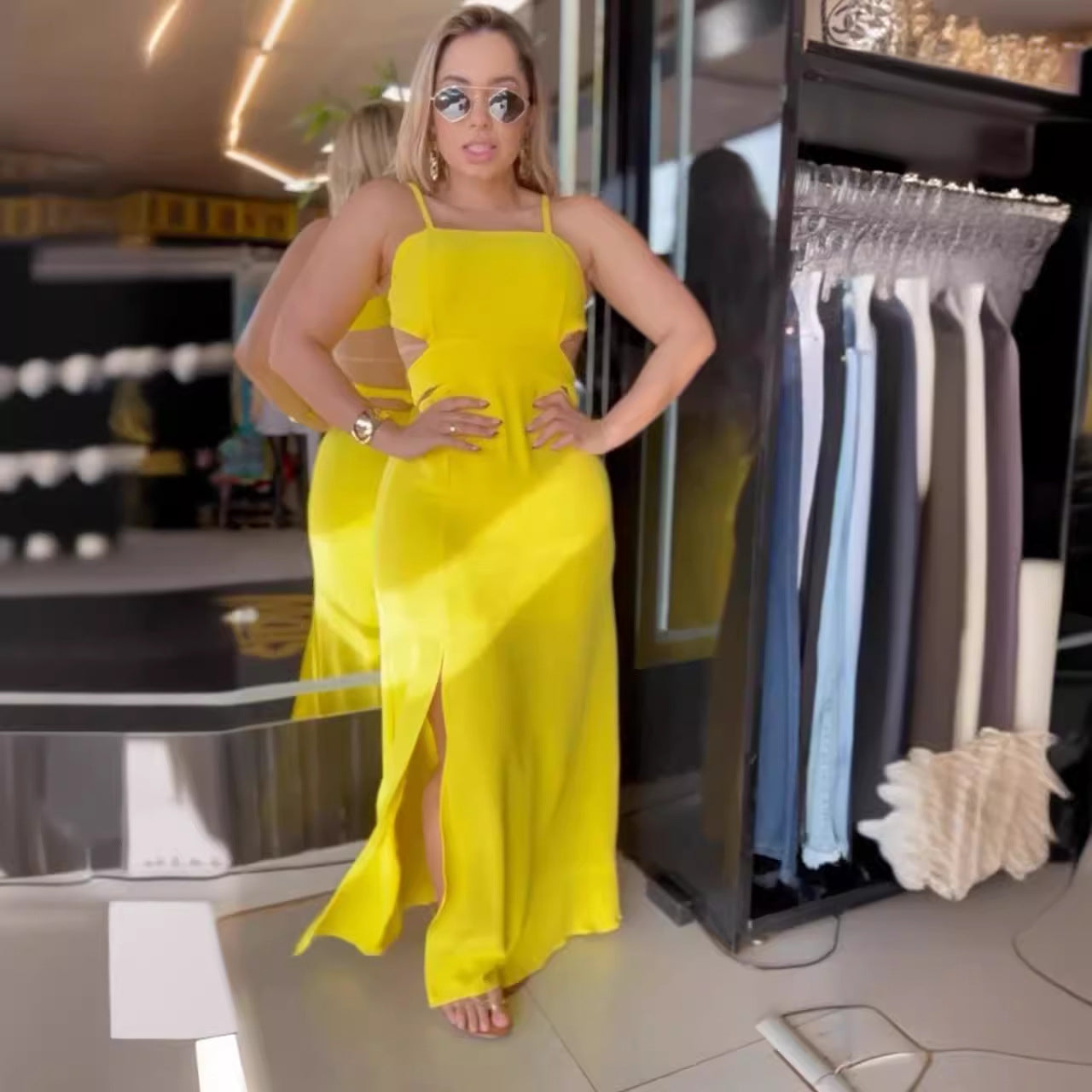 Women Solid Color Sleeveless Split Hip Strap Backless Dress Bella Mia