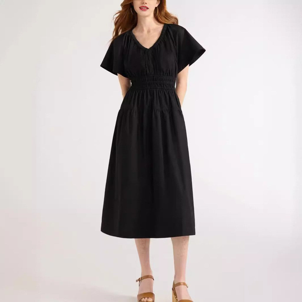 Summer Popular V neck Pleated Waist Tight Slimming Dress Dress