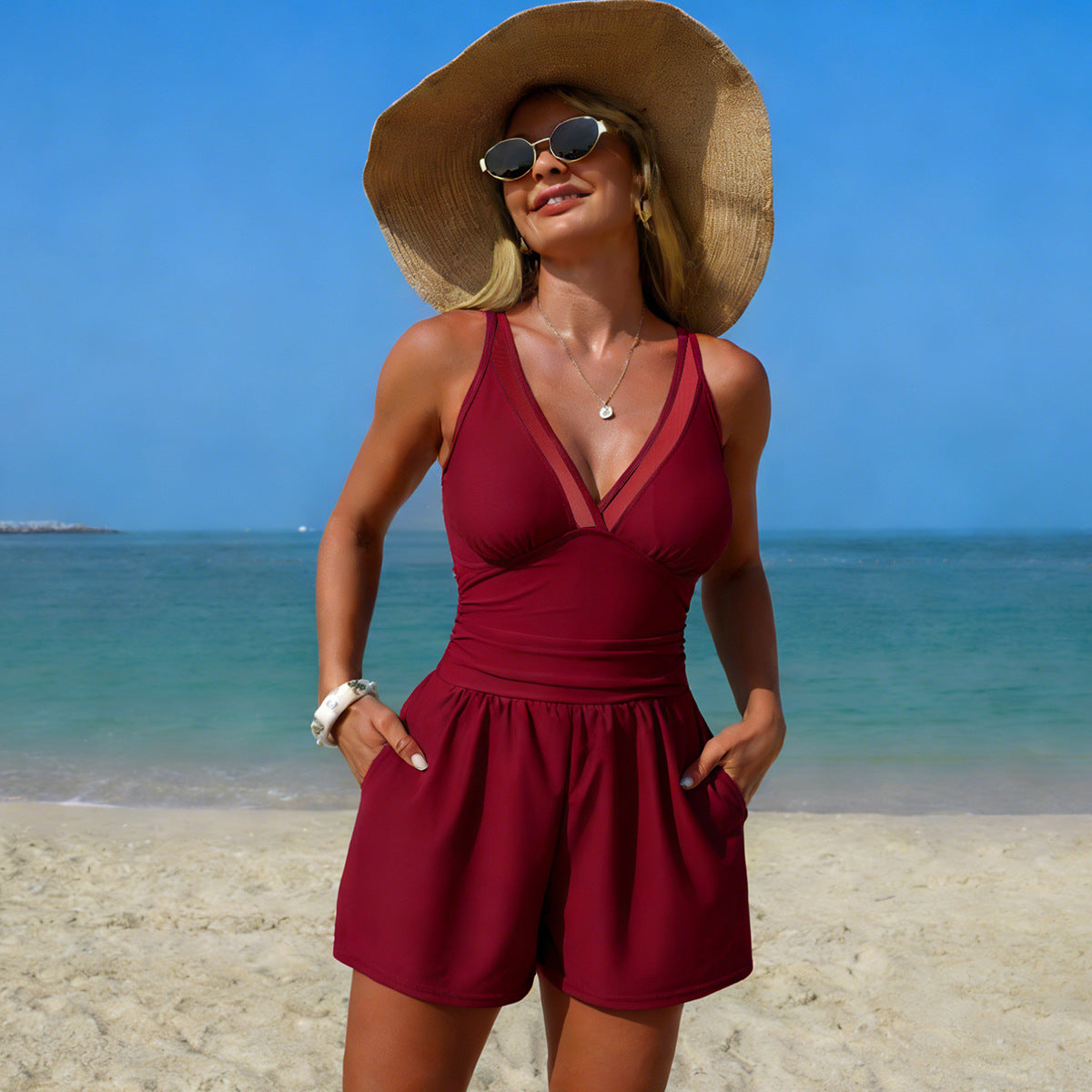 One Piece Swimsuit Women Solid Color Bib Sports Conservative Bikini