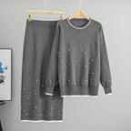 Fall Winter High Waist Loose Slimming Heavy Industry Beads Knitted Top Half Length Two Piece Sets Bella Mia