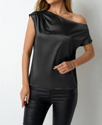 Women Clothing Spring Summer Satin Shirt Artificial Silk Irregular Asymmetric Shoulder off Shoulder Sleeveless Top Bella Mia