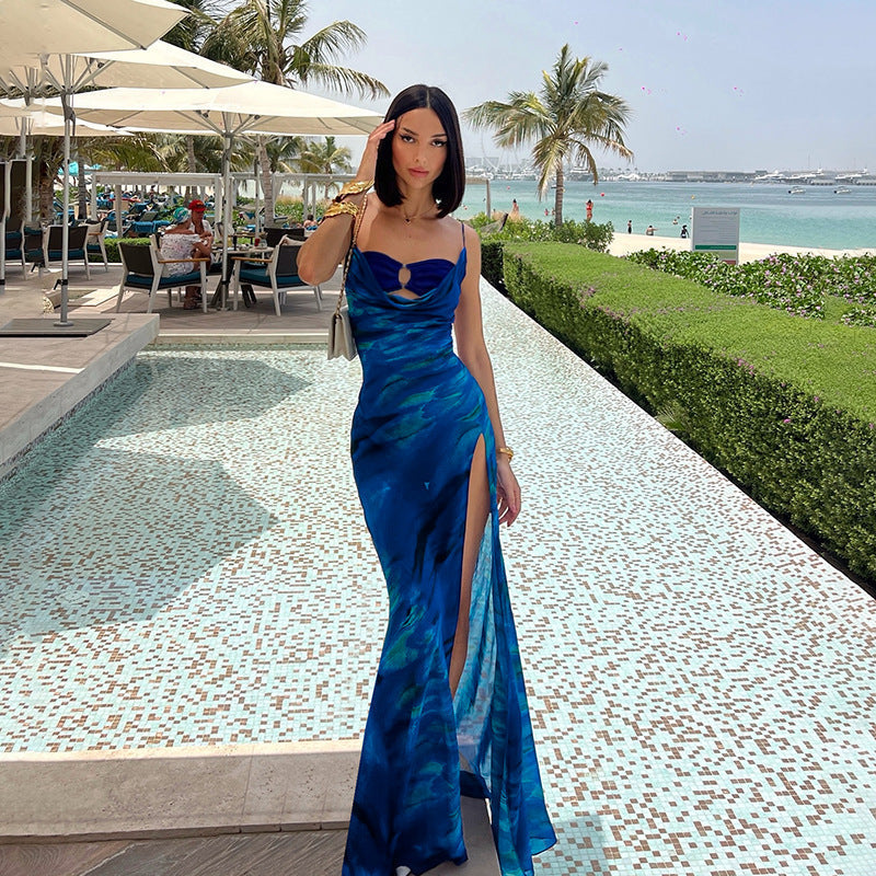 Sexy Print Swing Collar Split Sling Dress Summer Women Clothing Bella Mia
