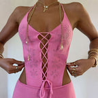 Women Clothing Spring Summer Knitted Sexy Cutout Solid Color Halter Lace up Backless Siamese Shorts Women Bella Mia