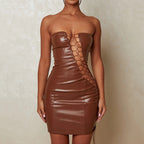 Women Clothing Summer Sexy Tube Top Lace up Waist Controlled Hip Women Dress Bella Mia
