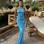 Women Clothing Solid Color Halter Dress Sexy Backless Ribbon Split Maxi Dress Bella Mia