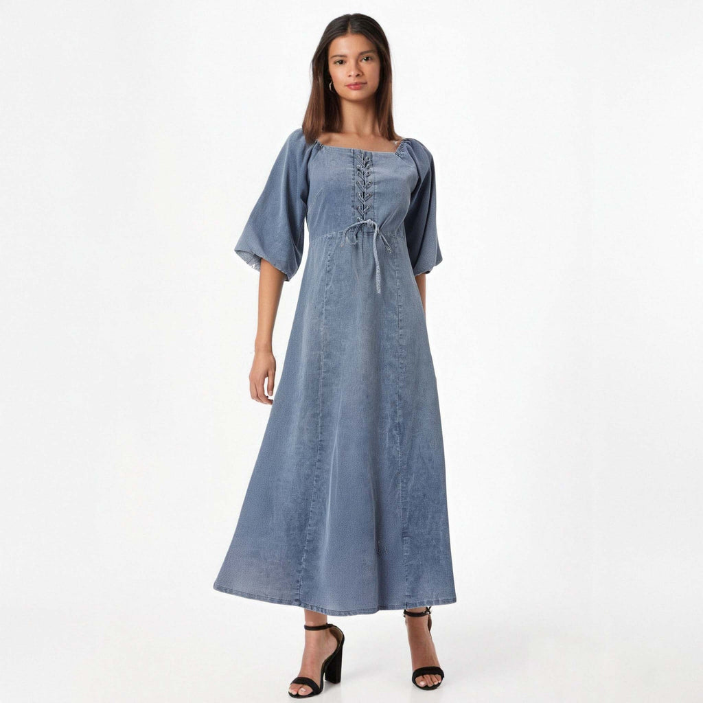 Square Mouth Long Sleeve Lantern Sleeve Waist Tight Solid Color Long A line Denim Thin Dress Bella Mia