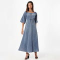 Square Mouth Long Sleeve Lantern Sleeve Waist Tight Solid Color Long A line Denim Thin Dress Bella Mia