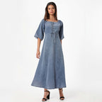 Square Mouth Long Sleeve Lantern Sleeve Waist Tight Solid Color Long A line Denim Thin Dress Bella Mia