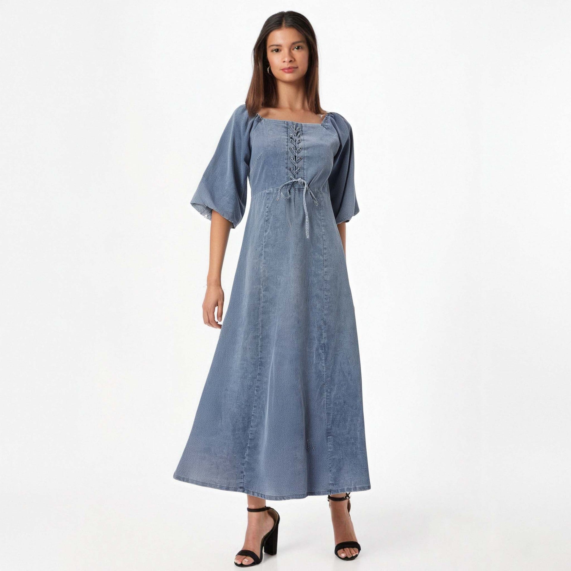 Square Mouth Long Sleeve Lantern Sleeve Waist Tight Solid Color Long A line Denim Thin Dress Bella Mia