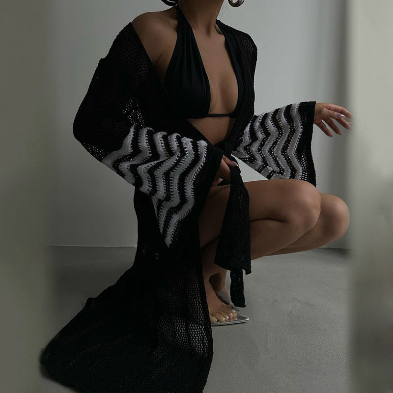 Summer Vacation Beach Dress Sexy Knitting Bikini Smock Dress Lace Up Bell Sleeve Dress Women Bella Mia