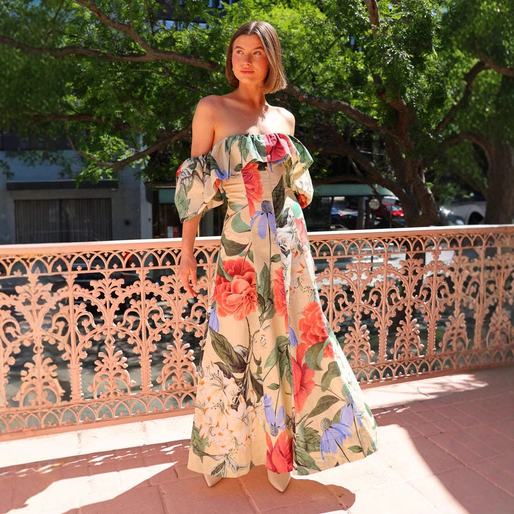 Dress Chiffon Floral Print off Shoulder Beach Dress Seaside Vacation Maxi Dress Women Bella Mia