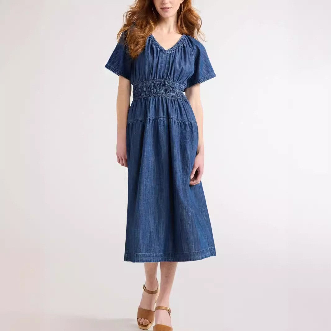 Summer Popular V neck Pleated Waist Tight Slimming Dress Dress