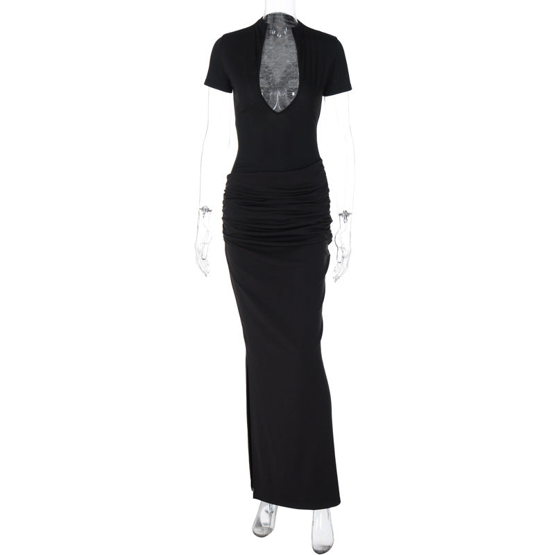 Winter Women Clothing Sexy Deep V Plunge Short Sleeve Solid Color Sexy Pleated Maxi Dress Bella Mia
