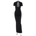 Winter Women Clothing Sexy Deep V Plunge Short Sleeve Solid Color Sexy Pleated Maxi Dress Bella Mia