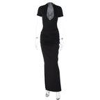 Winter Women Clothing Sexy Deep V Plunge Short Sleeve Solid Color Sexy Pleated Maxi Dress Bella Mia