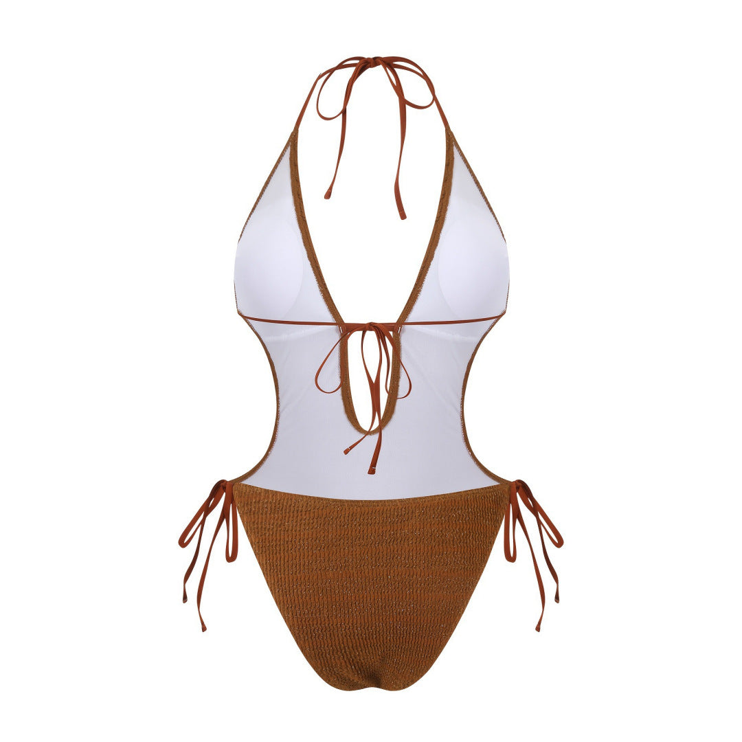 Bikini Sexy Deep V Plunge Lace up Halterneck Backless Siamese Women Swimsuit
