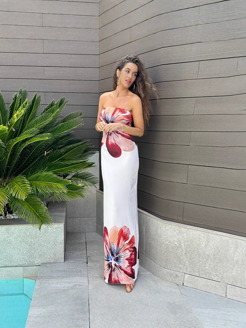 Floral Tube Top Printing Dress Women Summer Elegant Slim Fit Sheath Dress Bella Mia