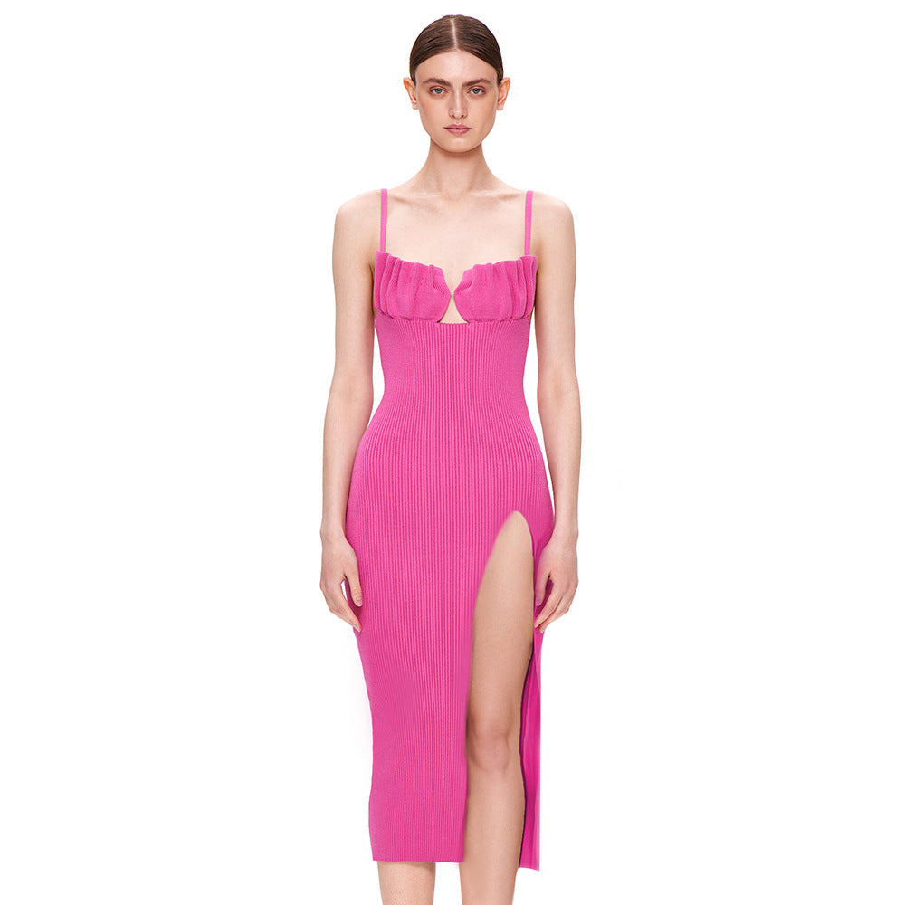 Autumn Winter Black Shell Suspender Chest Pleating Dress Sexy Slim Hip Women Clothing Bella Mia