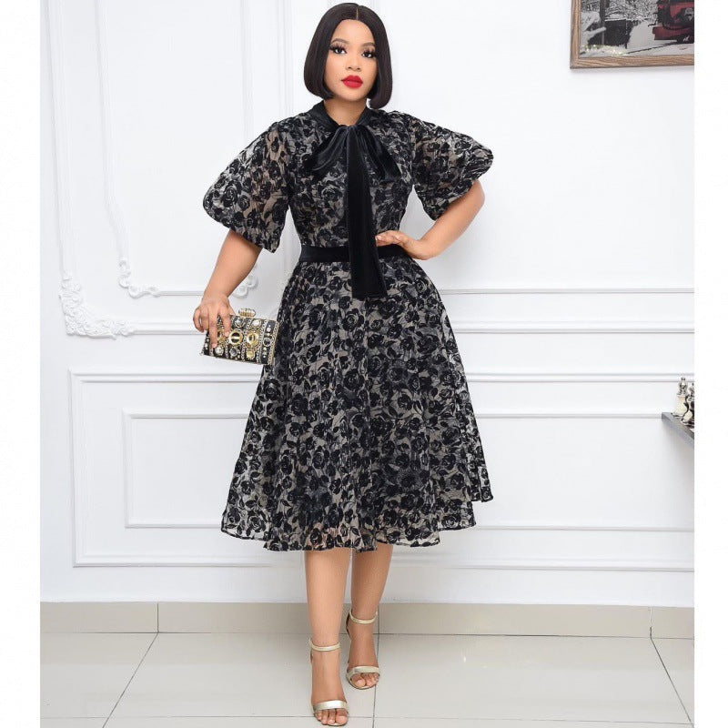 Summer Graceful Stand Collar Black Flocking Encryption Mesh Cinched Lace Stitching Slimming Dress Bella Mia