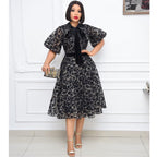 Summer Graceful Stand Collar Black Flocking Encryption Mesh Cinched Lace Stitching Slimming Dress Bella Mia
