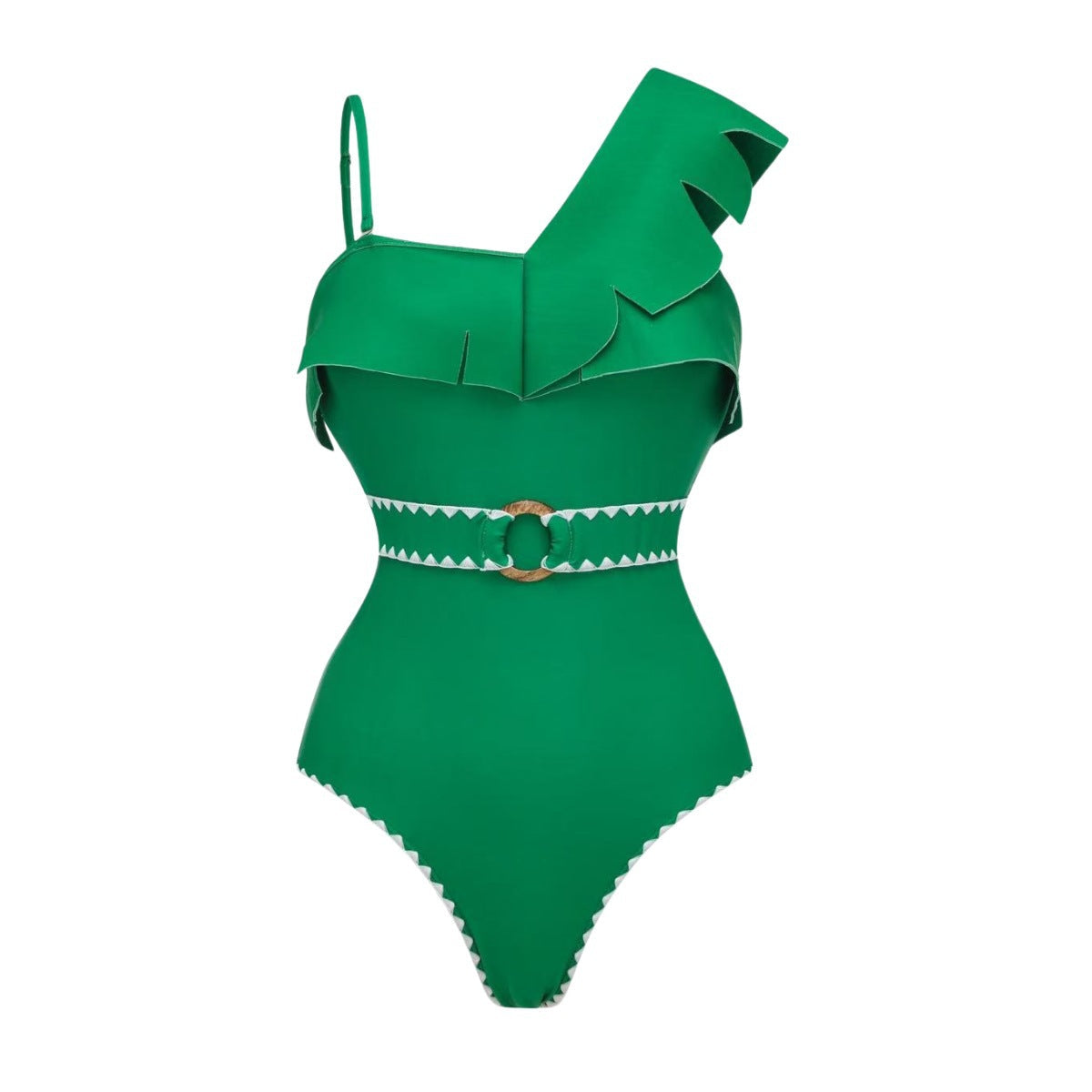 Swimsuit Green One Shoulder Ruffled Design One Piece Swimsuit Women