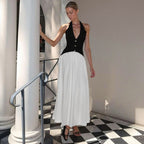 Fall Women Clothing French Sexy Halter Backless Contrast Color Fastener Decoration Dress Bella Mia