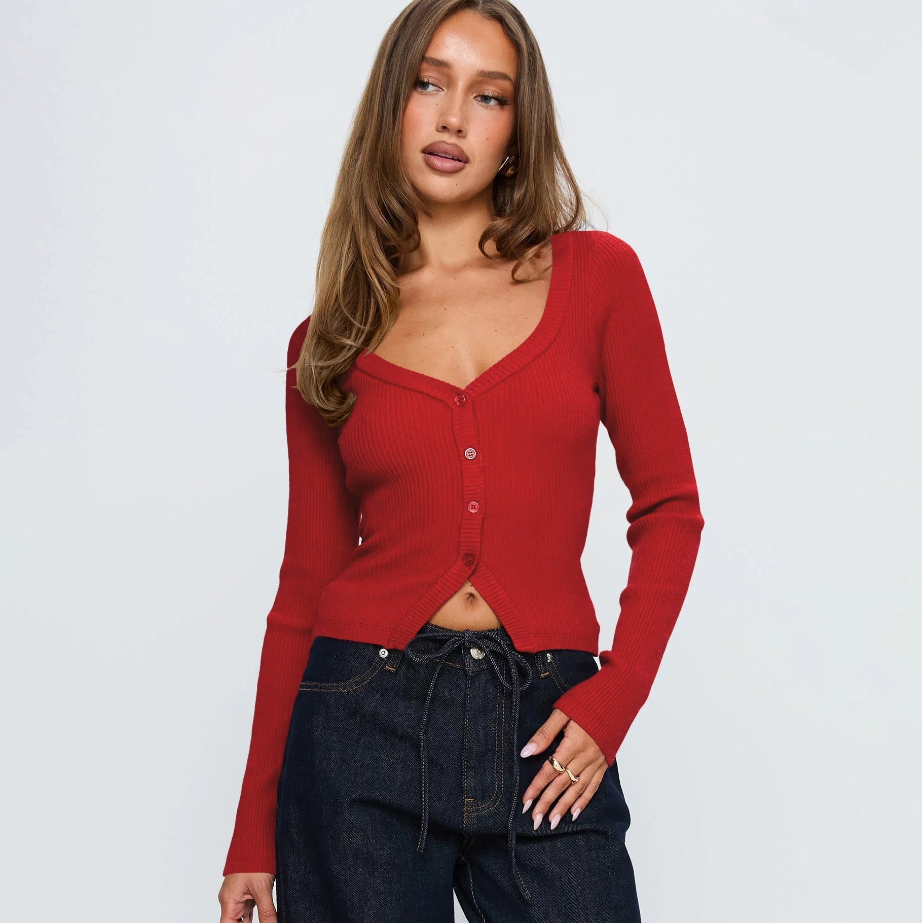 Women Fall Winter V neck Long Sleeve Ribbed Button Cardigan Slim Fit Bella Mia