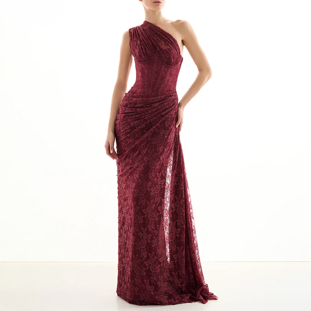 Women Sexy Deep V Plunge Neck Backless Hip Hugging Burgundy Dress Lace Pleated Fishtail Dress