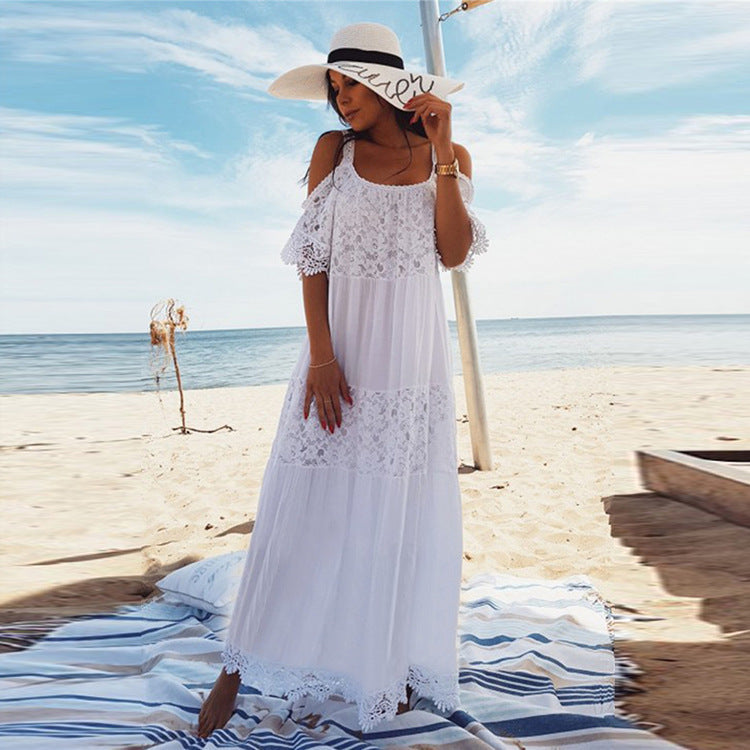 Rayon Stitching Lace Embroidery Beach Cover up Sexy Sling Dress Seaside Bikini Cover Bella Mia