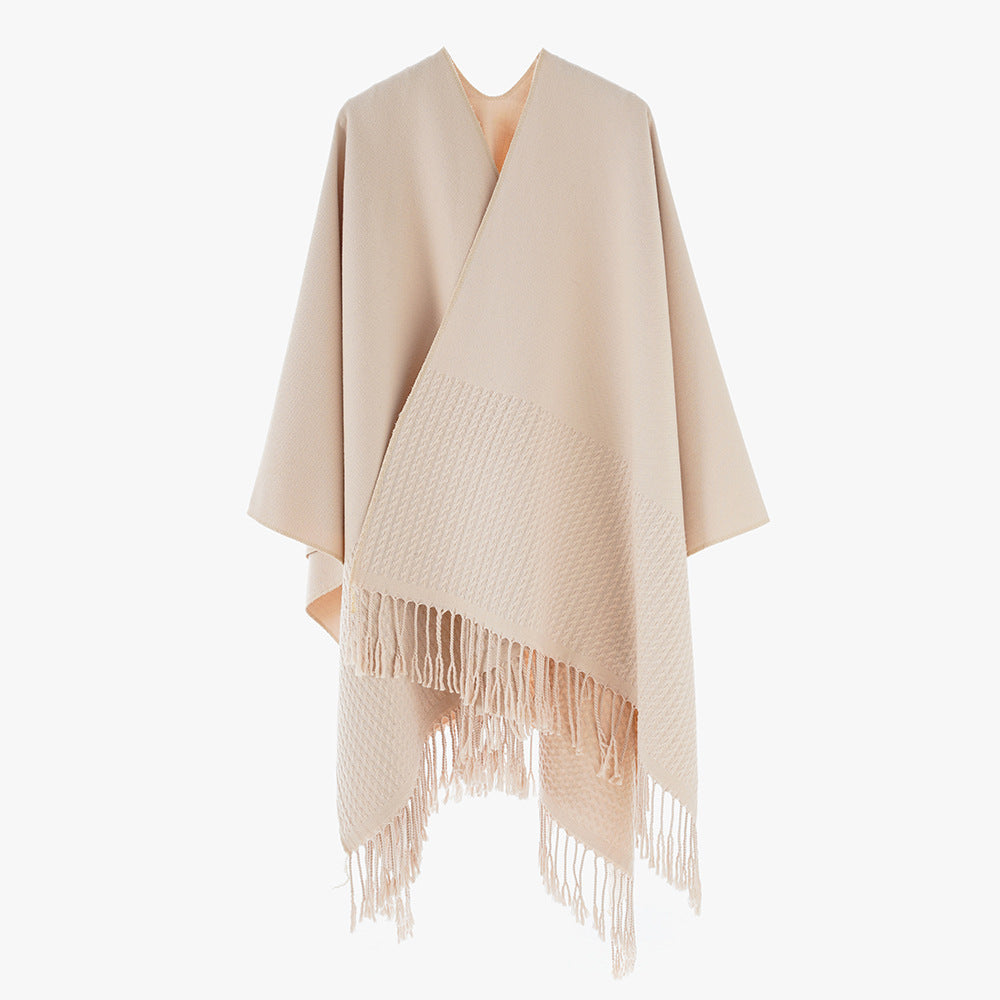 Solid Color Cashmere like Tassel Large Split Shawl Warm Monochrome Cape Plain Shawl Bella Mia