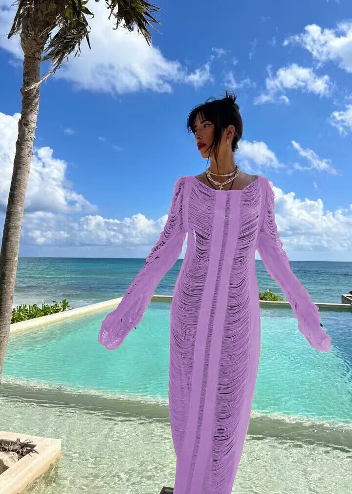 Summer Vacation Beach Dress Sexy Backless Lace Up Hollow Out Cutout Long Sleeve Dress Crochet hook Crochet hook Crochet hook Bella Mia