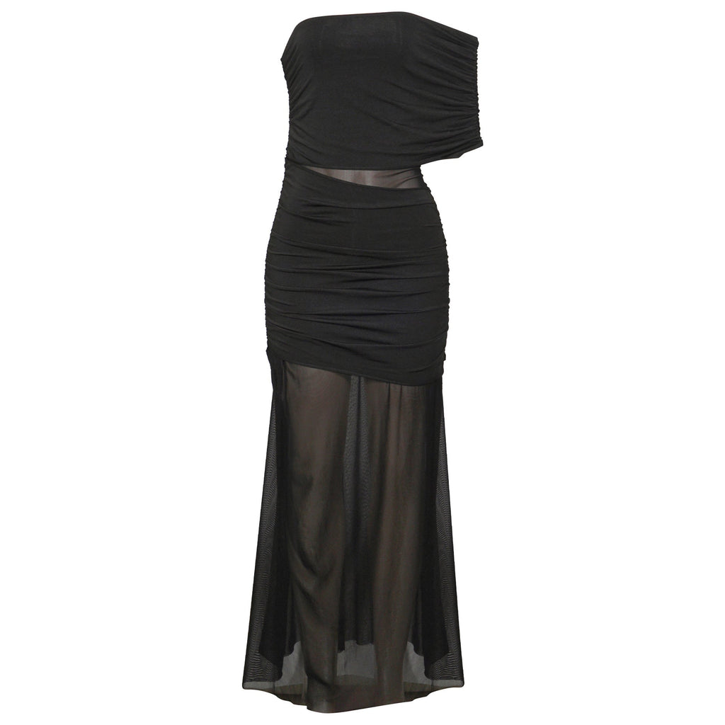 Spring Diagonal Collar Cold Shoulder Elegant Sexy Mesh Stitching Slim Dress Bella Mia