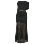 Spring Diagonal Collar Cold Shoulder Elegant Sexy Mesh Stitching Slim Dress Bella Mia