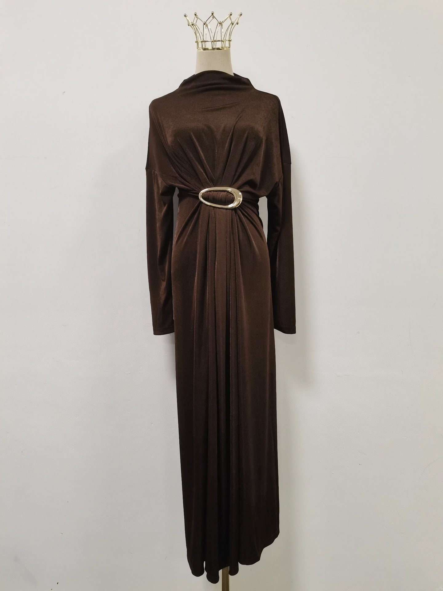 Fall Retro Metal Decorative Waist Slimming Half Turtleneck High Waist Maxi Dress for Women Bella Mia