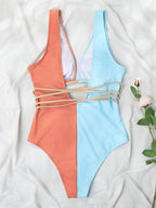 Color Matching Waist Hollow Out Cutout out Tied One-Piece Backless Sexy Bikini Swimsuit Swimwear Women Bella Mia